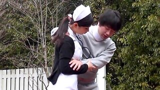Japanese nurse sucking her patient's learn of in sight in the car park